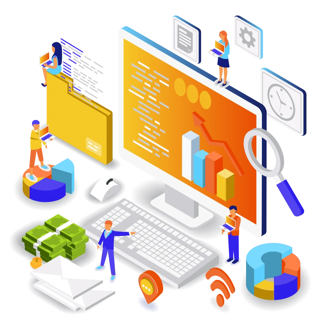 An illustration of website development, digital marketing and business growth, with a computer, charts and people working together.